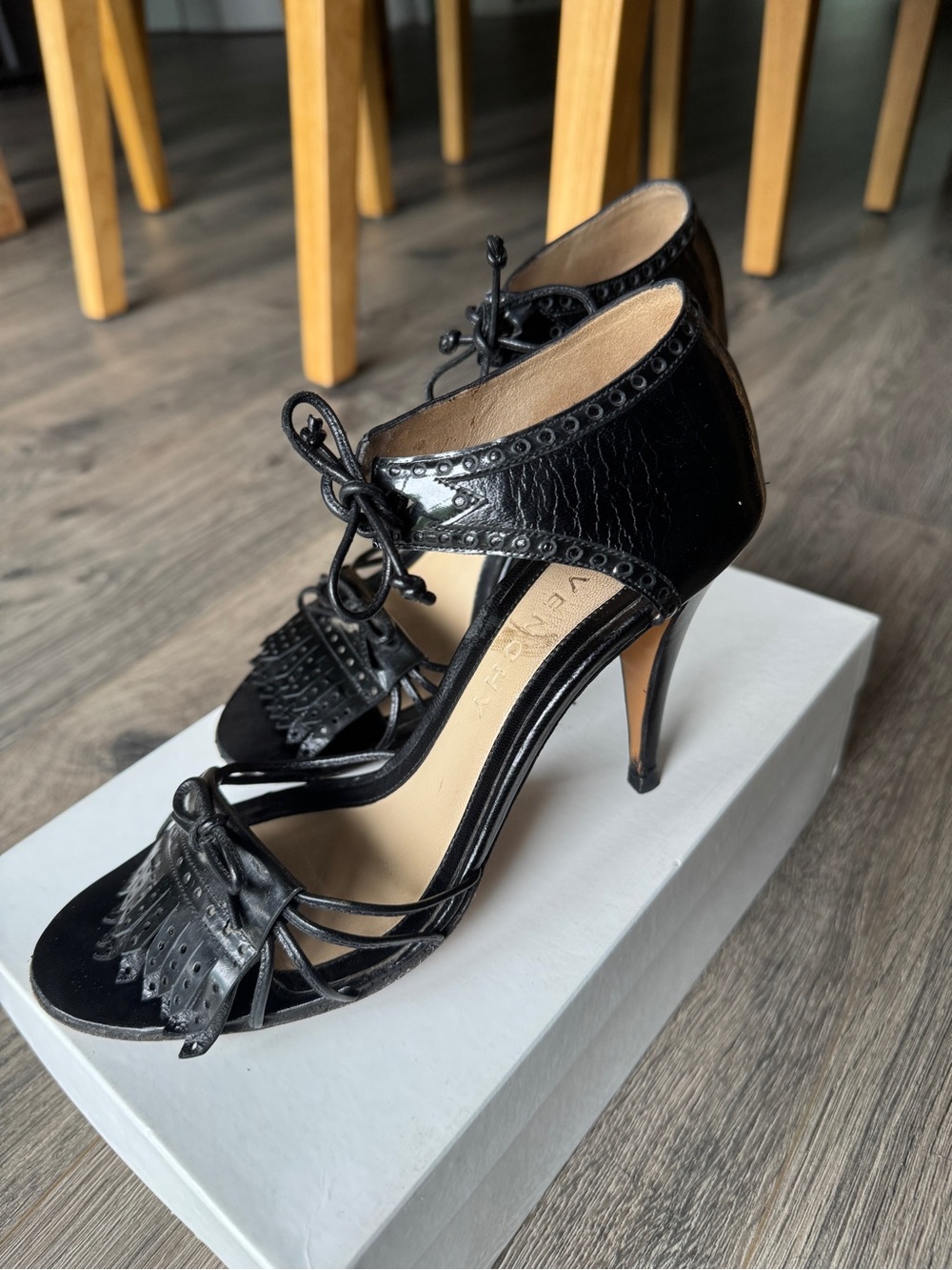 Givenchy Black Fringe Lace-Up High Heel Sandals with original box
